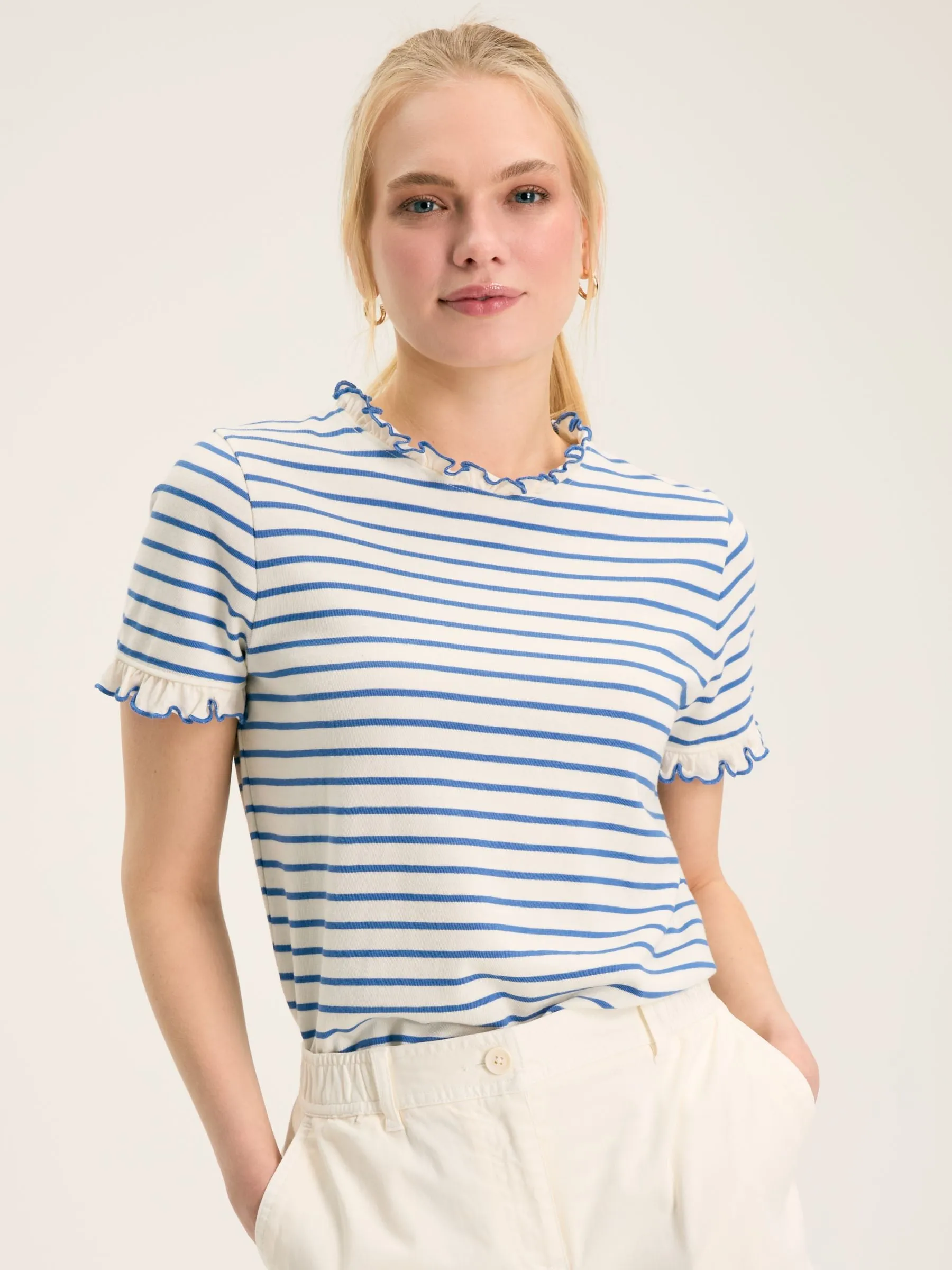 Joules Daisy Short Sleeve Frilled Neck Top