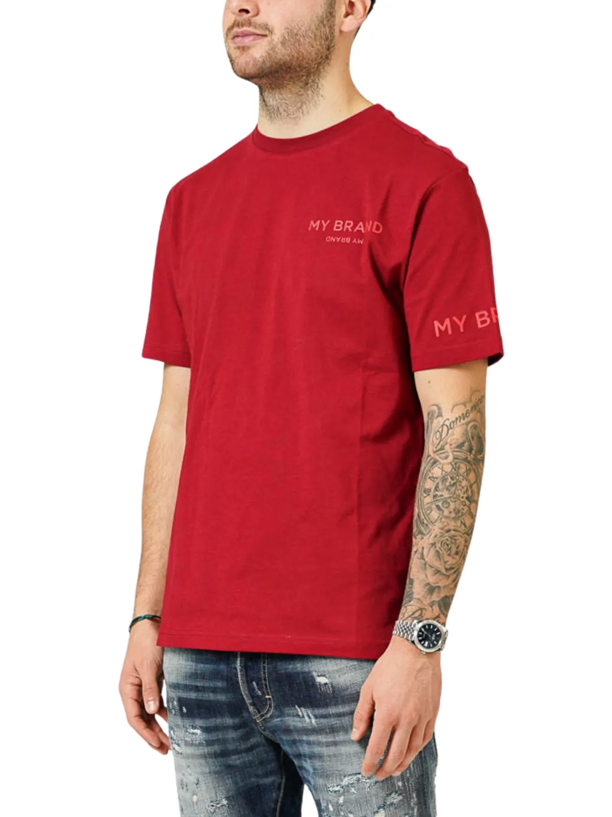 MY BRAND LOGO UPSIDE DOWN CHEST BURGUNDY T-SHIRT | CAMEL
